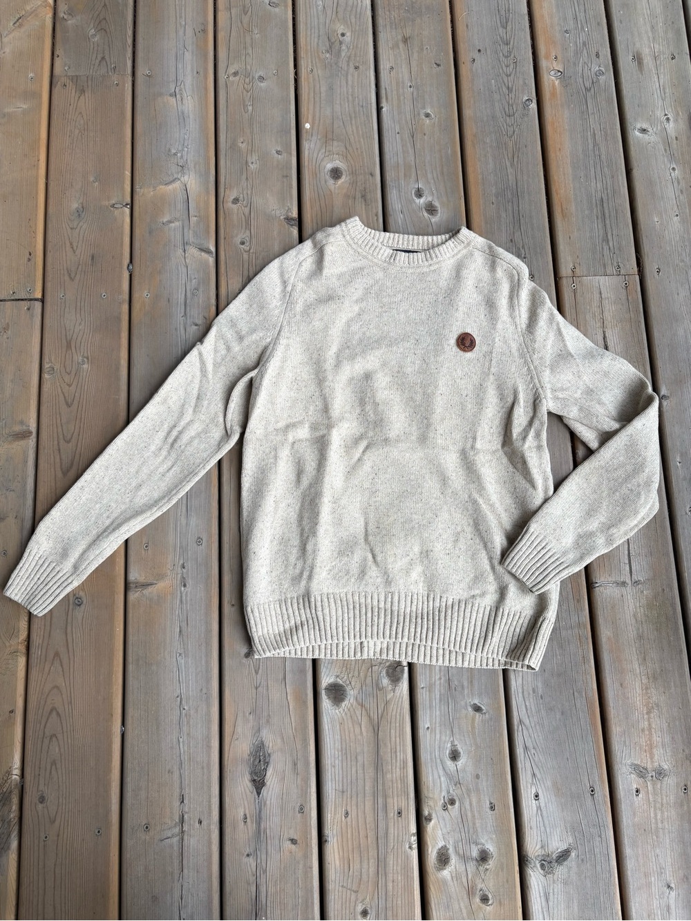 Fred Perry 100% Lambs Wool Cream Knit Wool Crewneck with Brown Laurel Patch